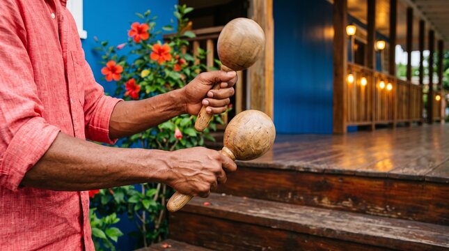 Maracas set the rhythm on a December parang porch