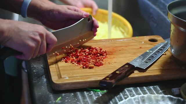 Finely Chopping Red Chili Pepper for Cooking