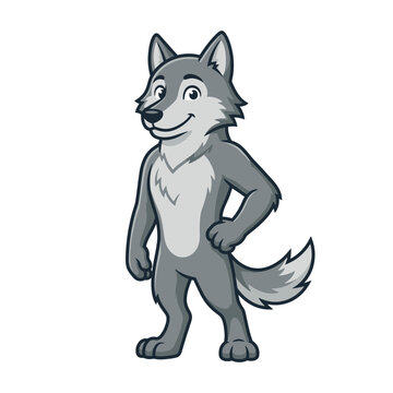 Anthropomorphic grey wolf character standing with hands on hips