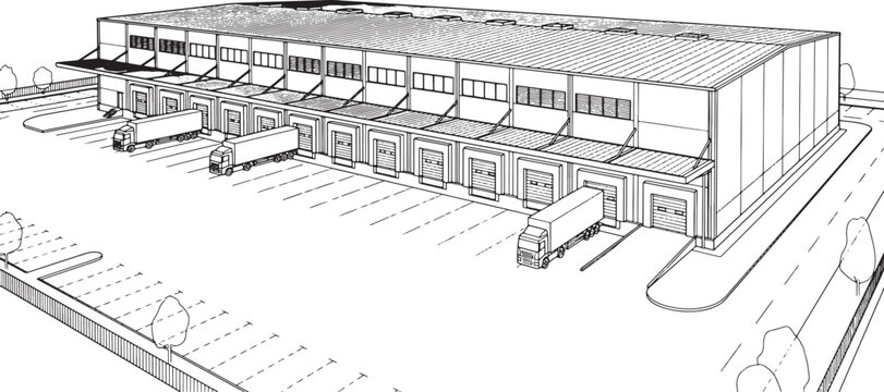 Industrial Warehouse Building with Loading Docks and Semi Trucks Line Art