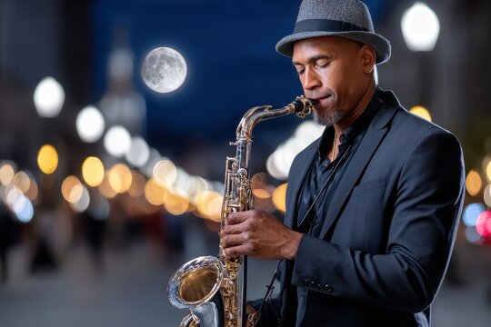 Jazz musician performs soulful saxophone music at twilight in a vibrant city street
