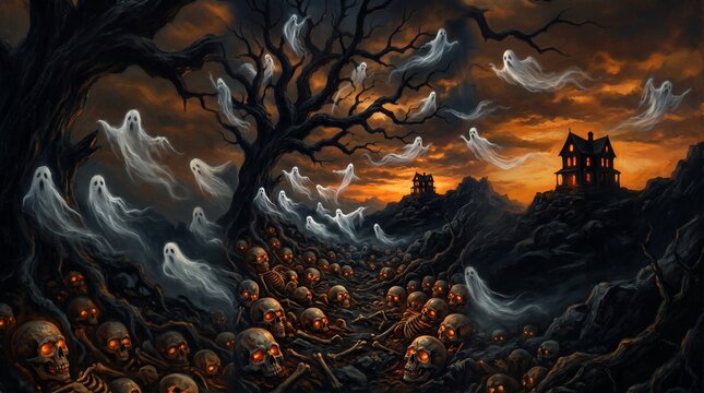 Many translucent ghosts float above a dark landscape filled with glowing skulls with terrain covered glowing human skulls skeletons