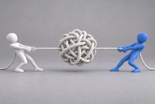 Two Opposing 3D Figures Pulling Tangled Rope Knot in Tug of War, Conflict and Complex Problem Solving Concept