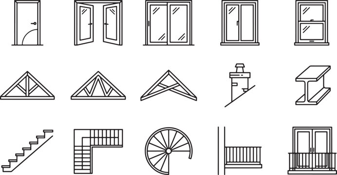 Set of Architectural Building Icons Including Doors Windows Trusses and Stairs in Linear Vector Design