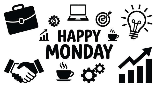 Business Icons Set with Happy Monday Text, Office Work Vector Symbols, Black Handshake Idea Briefcase Graphics