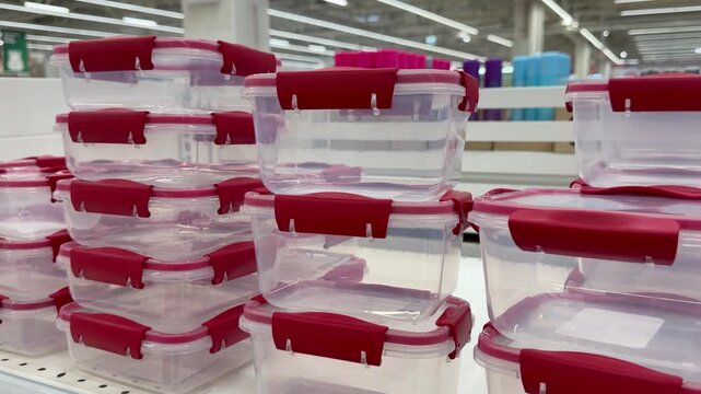Row of clear plastic food storage containers with red locking lids on a store shelf. Commercial kitchenware retail display, household product supermarket background.