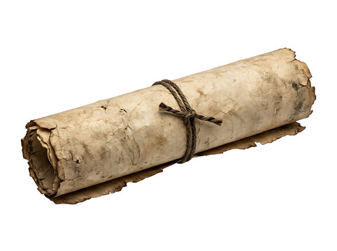 Old vintage paper scroll tied with a rope isolated on transparent background