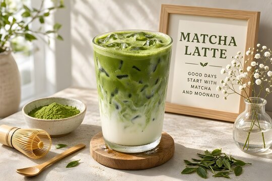 Aesthetic iced matcha green tea latte served with traditional bamboo whisk, matcha powder, fresh green tea leaves, and framed poster mockup.