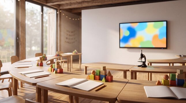 Modern Wooden Classroom Interior with Interactive Display Screen, Bright Elementary School Learning Environment, Spacious Educational Science Room