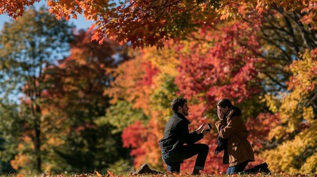 a vivid outdoor scene during autumn. A man in a black jacket crouches on the ground, holding a camera, presumably to take a photograph of a woman in a brown coat who stands beside him.