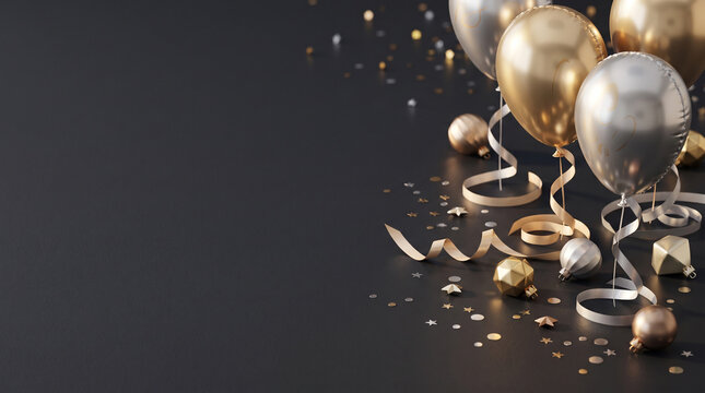 3D rendered gold and silver balloons with confetti and ribbons on dark background