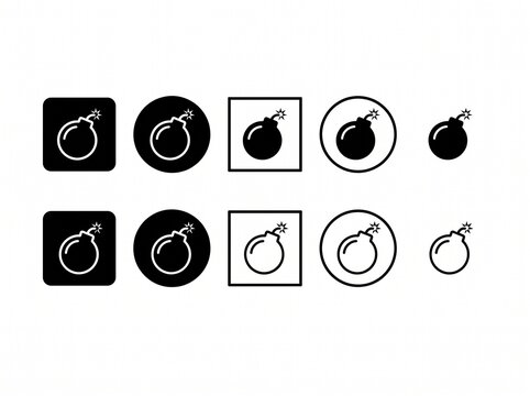 Explosion Bomb Icon Set with Solid and Outline Styles on White Background