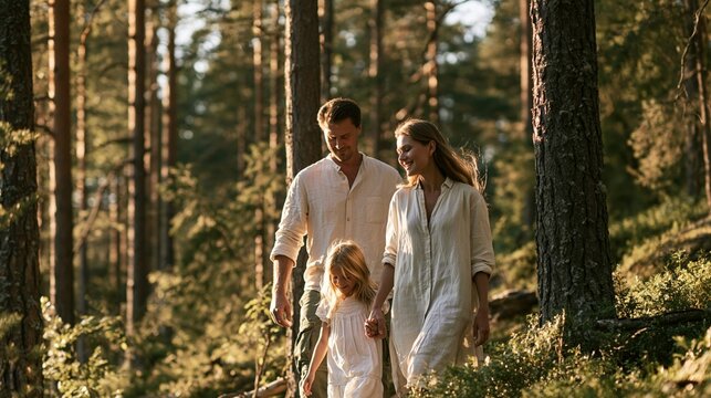 a forest during golden hour. The family consists of a man, a woman, and a young girl. They are dressed in casual, lightcolored clothing.