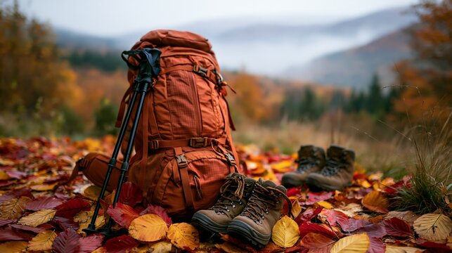 a large, rustcolored backpack with hiking poles resting on a bed of autumn leaves. The leaves are a mix of red, orange, and yellow, creating a vivid contrast.