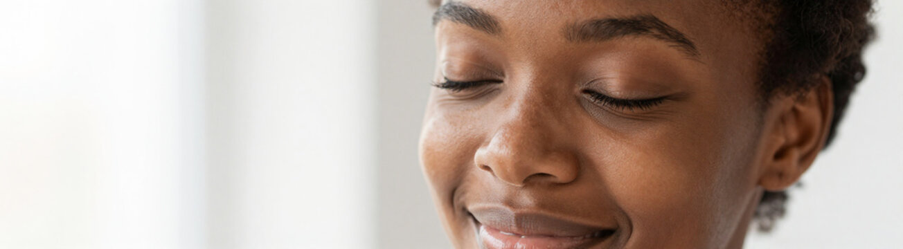 photograph african american woman face chest showcasing closed eyelids soft smile gentle diffused