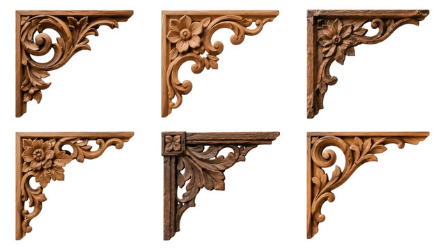 Six ornate carved wooden corner corbels and brackets with floral scrollwork in varying warm and dark wood tones, photographed isolated on transparent background