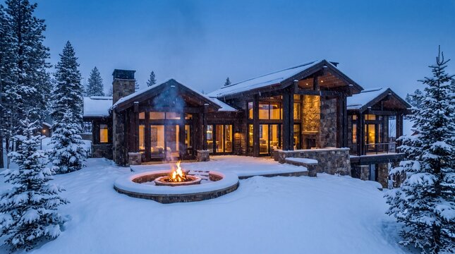 Rustic luxury log cabin house at dusk in winter snow, mountain retreat villa with outdoor fire pit, cozy timber lodge exterior architectural photography