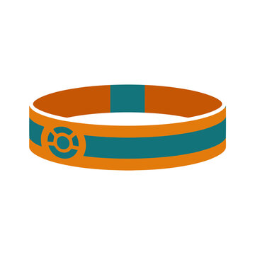 Orange and teal bracelet with circular emblem