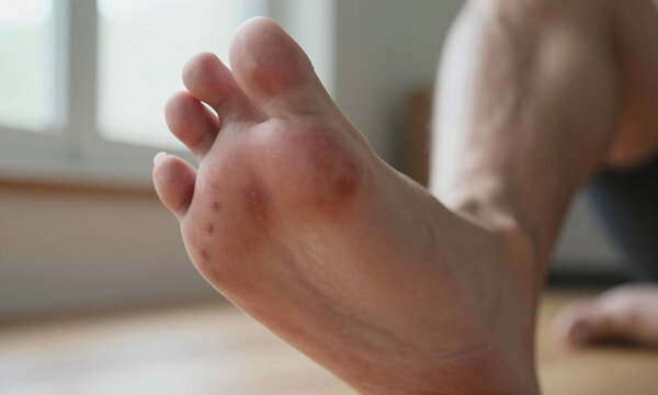man foot zoomed showcasing severely scratched area scabs redness irritation lit soft natural light window