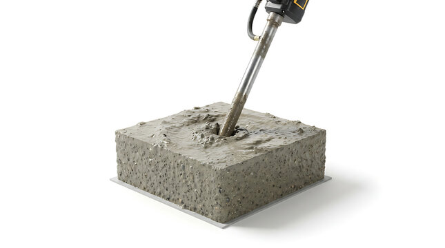Pneumatic jackhammer drilling into solid wet concrete block foundation square