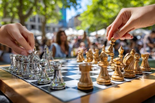 Chess match unfolds in vibrant outdoor setting on a sunny afternoon
