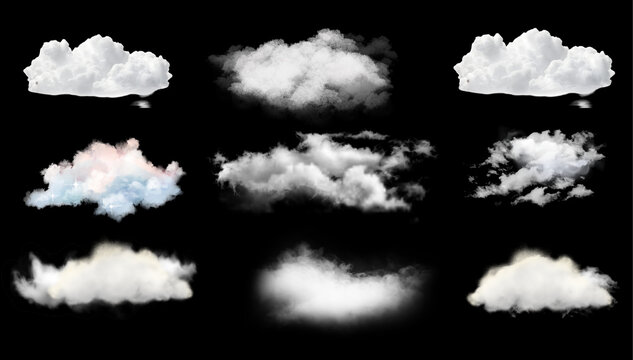 Realistic white clouds isolated on black background, fluffy cloud collection for sky replacement, set of 9 cumulus cloud elements
