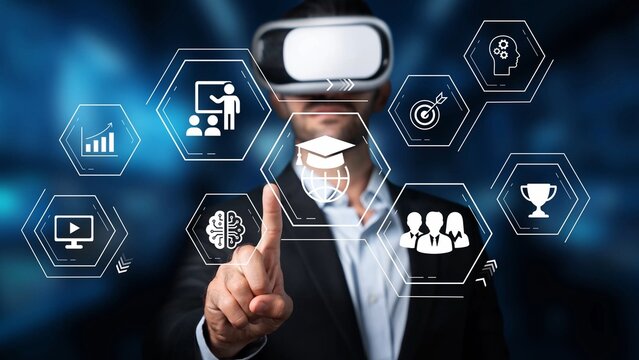Businessman using virtual reality technology to interact with digital learning icons and visual elements in a modern educational environment Gluon.