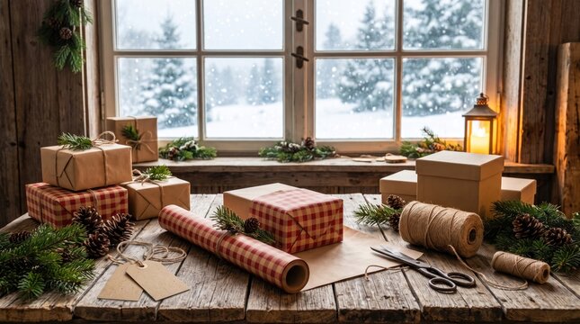 Christmas gift wrapping scene with rustic brown paper, red checkered patterns, pine branches, and twine on a wooden table