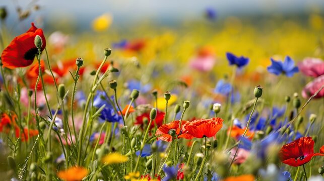 Vibrant wildflower meadow with red poppies, blue cornflowers and yellow blossoms under bright summer sunlight, beautiful floral landscape background with shallow depth of field for nature design