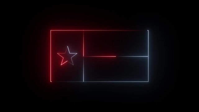 Glowing red and white neon Texas flag, USA States Texas flag icon animation on black background. 4K motion graphic,,,