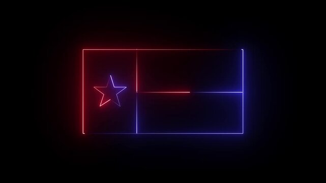 Glowing red and  blue neon Texas flag, USA States Texas flag icon animation on black background. 4K motion graphic,,,