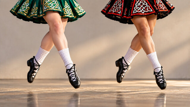 Two dancers performing Irish step dance in traditional costumes  