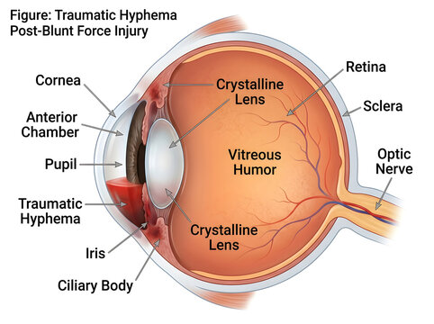 Traumatic hyphema in human eye after blunt force injury isolated on white background