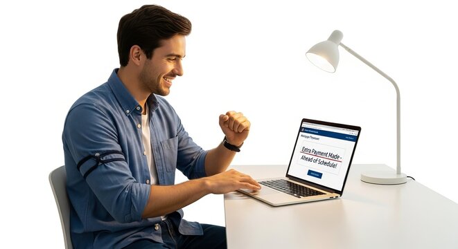 Man happily using laptop showing extra payment made ahead of schedule notification cheerful person excited with success.