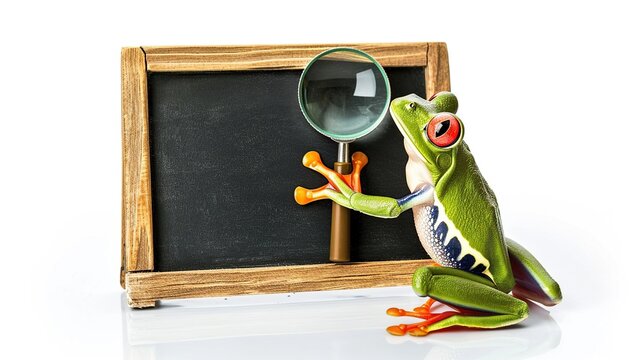 Curious Red-Eyed Tree Frog Holding a Magnifying Glass Next to a Blank Wooden Chalkboard for Business Investigation, Creative Research, Discovery Concept, and Educational Search on White Background