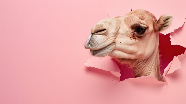 A close-up portrait of a camel head peering through a torn hole in a pastel pink paper background, creative minimalist animal concept with copy space for design and advertising