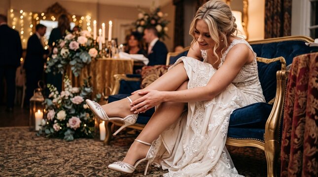 Beautiful bride putting on her elegant high heel wedding shoes while sitting on a vintage sofa at her reception.