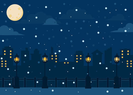 Snowy cityscape at night with street lamps and full moon