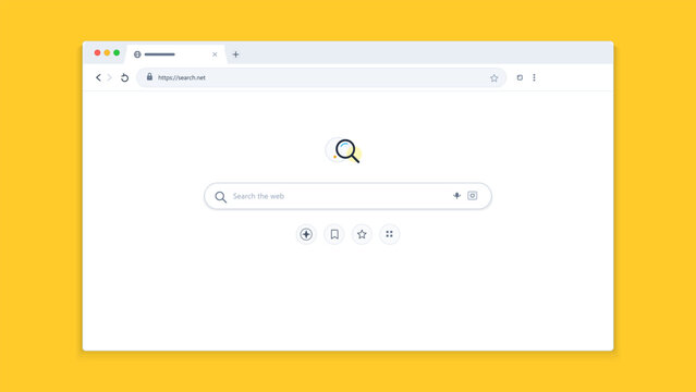 A minimalist browser window displays a web search bar and shortcut icons on a yellow background