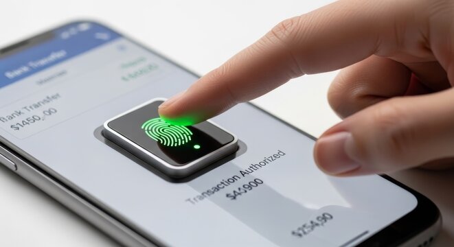 Human finger touching fingerprint scanner on smartphone screen for secure bank transfer transaction and biometric verification.