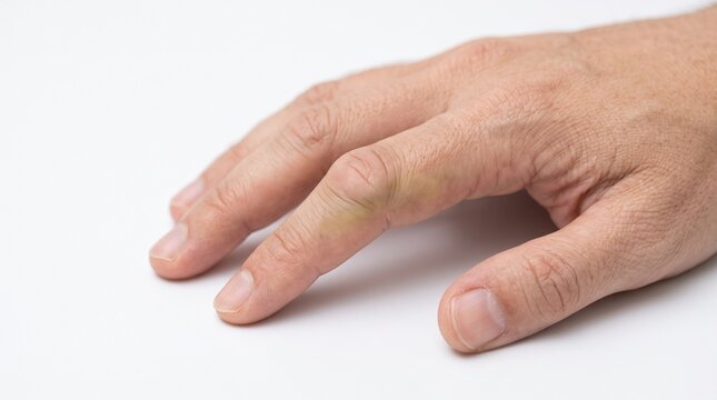 Close up of a human finger with a painful bruise and swelling on a white background.