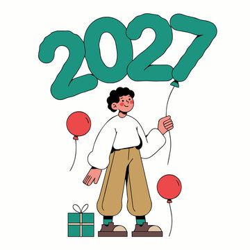 Child holding 2027 balloon during New Year celebration, cheerful holiday countdown concept in flat vector style