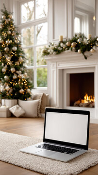 Laptop with blank screen sitting on a rug in a festive living room, offering copy space for holiday advertising or digital christmas content, surrounded by a decorated christmas tree and fireplace