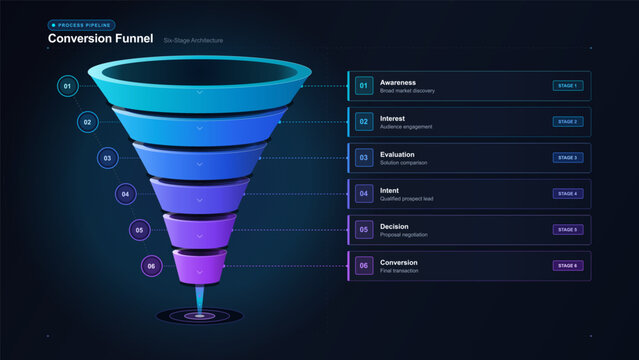 A colorful vector infographic showing six stages of a marketing conversion funnel