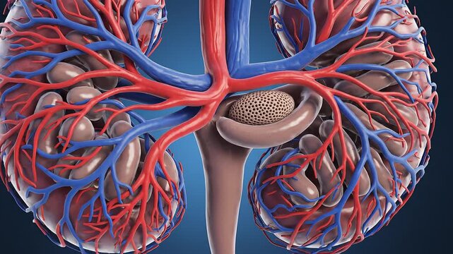 3D Human Kidney Nephron with Detailed Blood Vessels. 4K Video