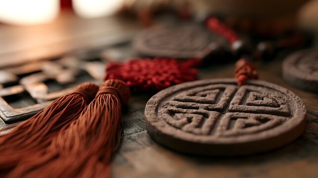 Traditional Chinese decorative amulet with intricate carved patterns and red tassels resting on a wooden surface
