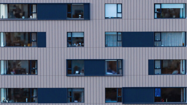 Aerial view of apartment complex with modern facade and rectangular windows Delft, Iceland.