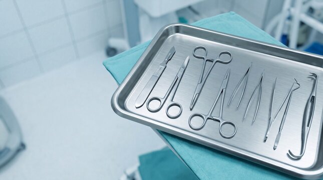 Surgical instruments on sterile tray, medical tool preparation and healthcare efficiency
