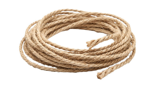 A coiled length of natural brown jute twine rope for crafting and industrial use presented as an isolated object on a transparent background isolated on transparent background