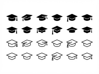 Fototapeta premium Graduation caps arranged in rows on white background symbolizing education and achievement